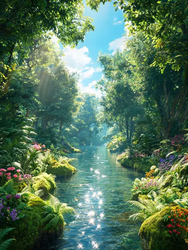 森林溪流景观的植被与水面细节