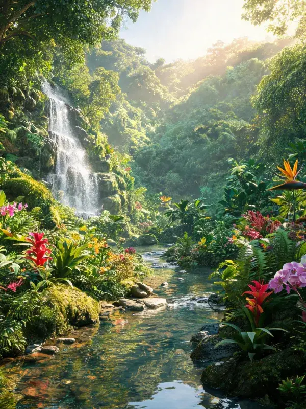阳光下的热带雨林瀑布溪流景观