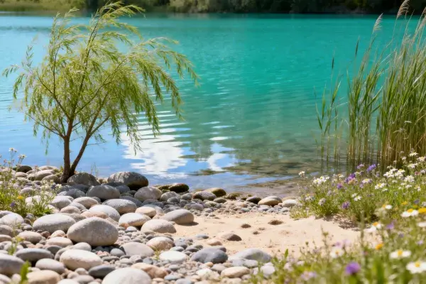 清澈湖水旁的湿地岸边景观