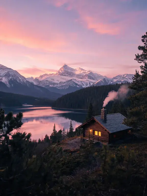 雪山湖畔的山地木屋风光