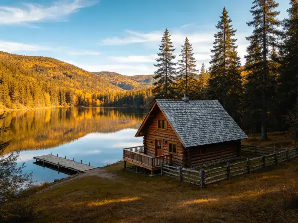 青山湖畔的原木小屋风光