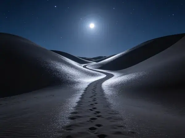 月夜沙漠地貌脚印景象