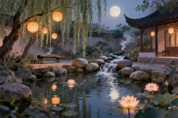 露天庭院中的荷花与流水古建夜景
