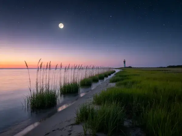 海滨芦苇群落与灯塔夜景