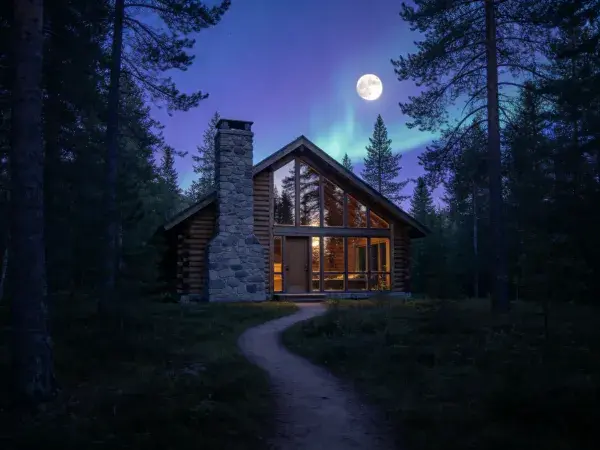 森林中的玻璃木屋夜景