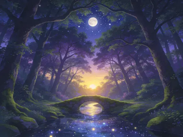 霓虹色光影下的梦幻森林溪桥景观