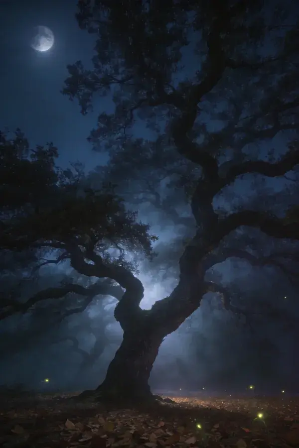 夜空下老橡树的神秘森林场景