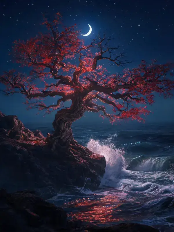露天海岸边的红叶古树夜景