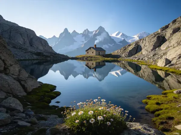 山地石屋与高山湖泊倒影景观