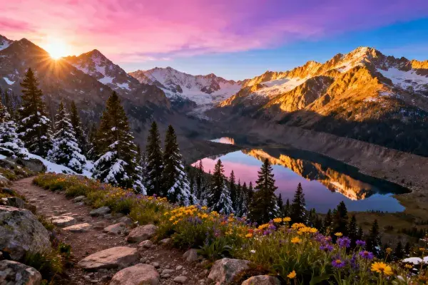 高山湖泊山谷晨光景观