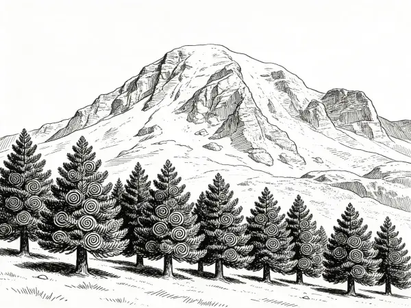 山间松林与巍峨山峰的手绘景象