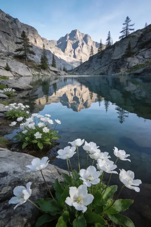 山谷清池边的白色高山花卉景观