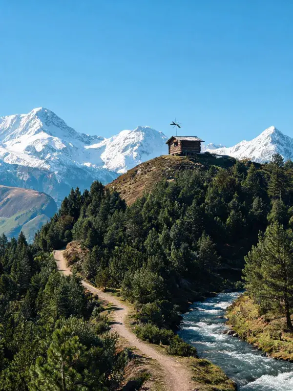 阳光下的山地木屋与雪山风光