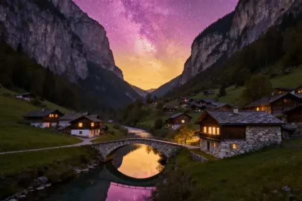 阿尔卑斯风格山地峡谷古村落夜景