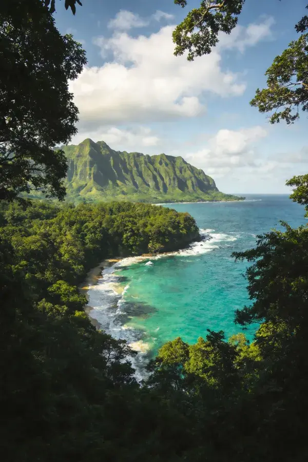 青绿色海水环绕的山地海岸风光