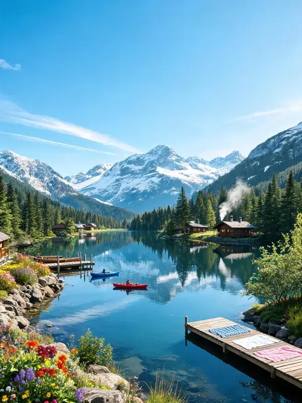 山地湖泊风光与木质小屋场景