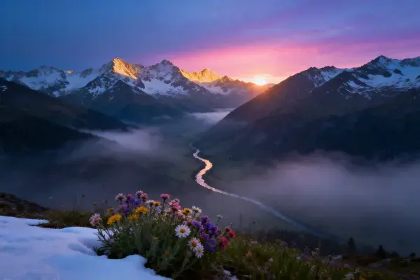高山峡谷风光与野花晨景