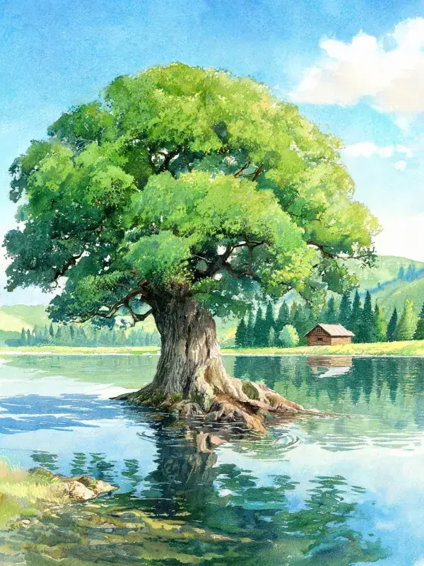 湖边老橡树与木屋风光