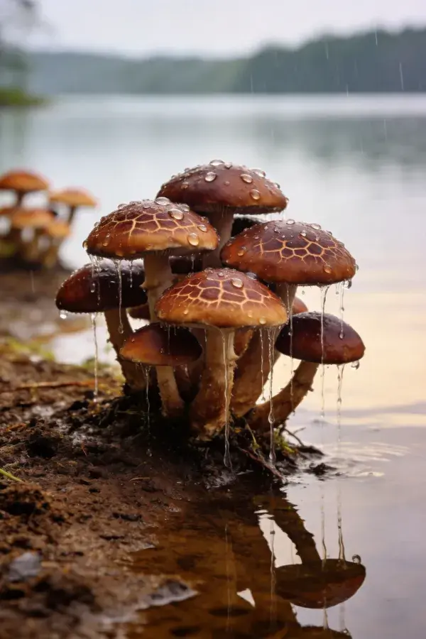 雨中蜂窝纹蘑菇生长于湖岸场景