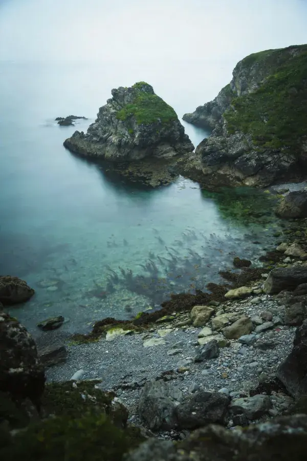 雾霭笼罩下的海岸岩礁风光