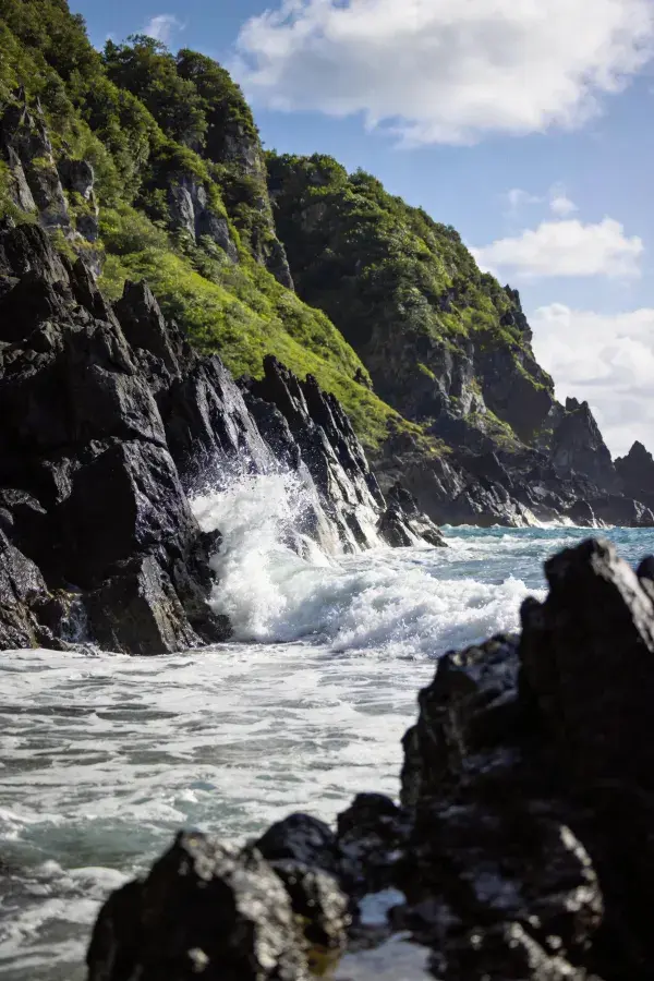 海岸火山岩礁与浪涛冲击场景