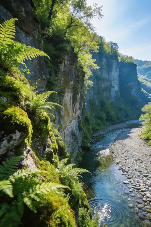 阳光下峡谷溪流的景观