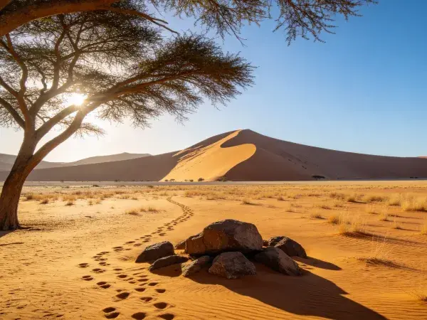 沙漠沙丘与胡杨树的荒漠景观