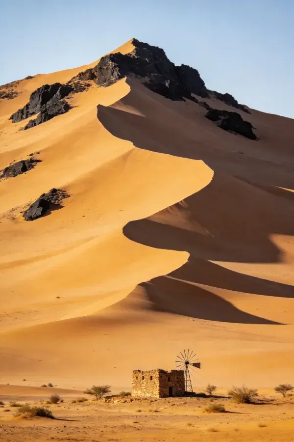 沙漠沙丘与古旧石屋景观