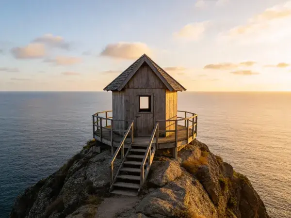 悬崖顶海边木质小屋景象