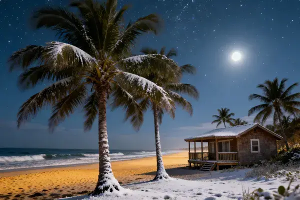 雪夜椰林海滨木屋场景