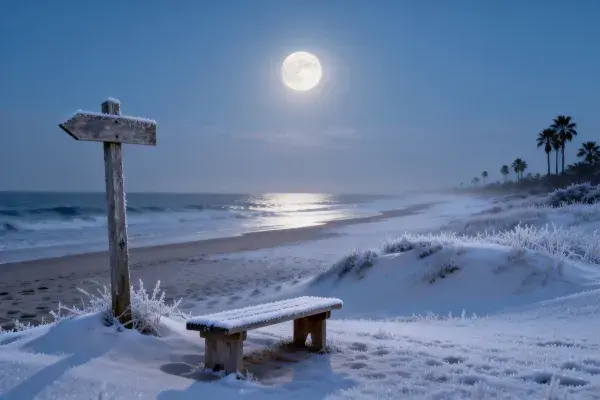 雪夜棕榈海滨沙滩景观