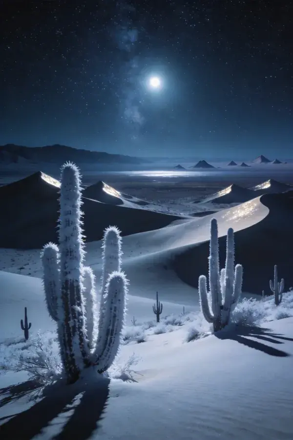 雪夜沙漠柱状仙人掌景观