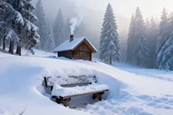 雪地森林中的乡村木屋