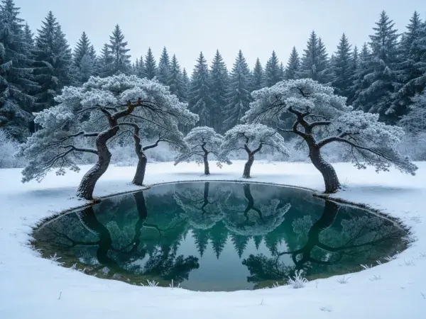 雪地松树林与圆形水池景观
