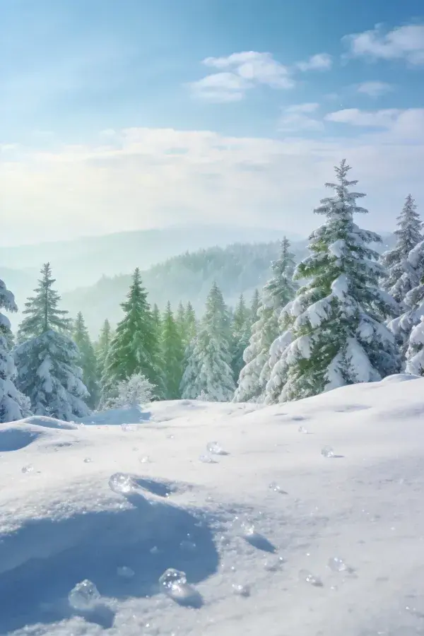 雪覆松树林冬日山林风光