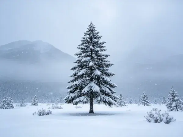 雪地中积雪覆盖的雪松瞬间