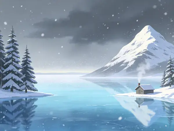雪山湖泊木屋雪景的冬日景象