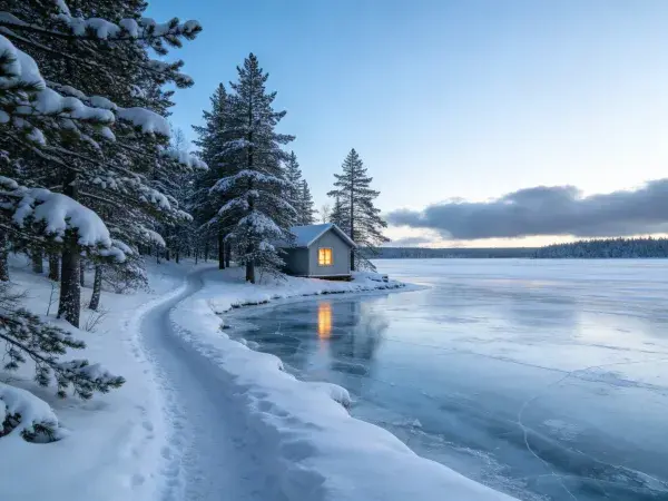 湖边雪地木屋与冰冻湖景