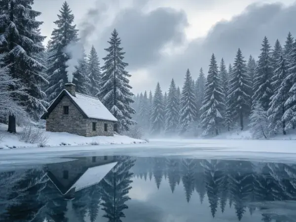 雪地湖畔石砌乡村小屋