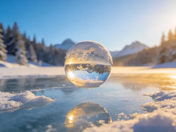 雪地冰晶球与冬日山水倒影场景