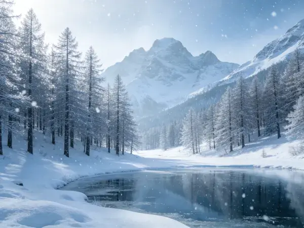 雪覆落叶松林与雪山冬季景观