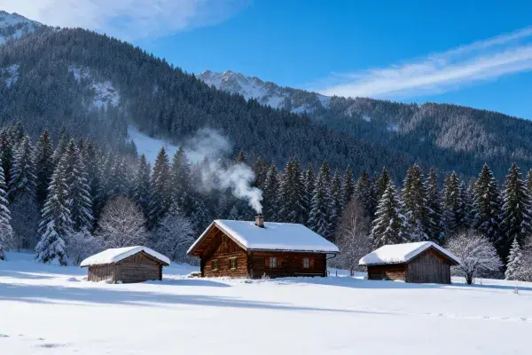 雪山森林间的木屋群场景