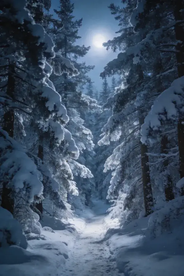 针叶林雪景月光下的时刻