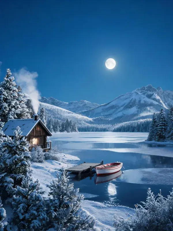 木屋雪景与月光湖畔风光
