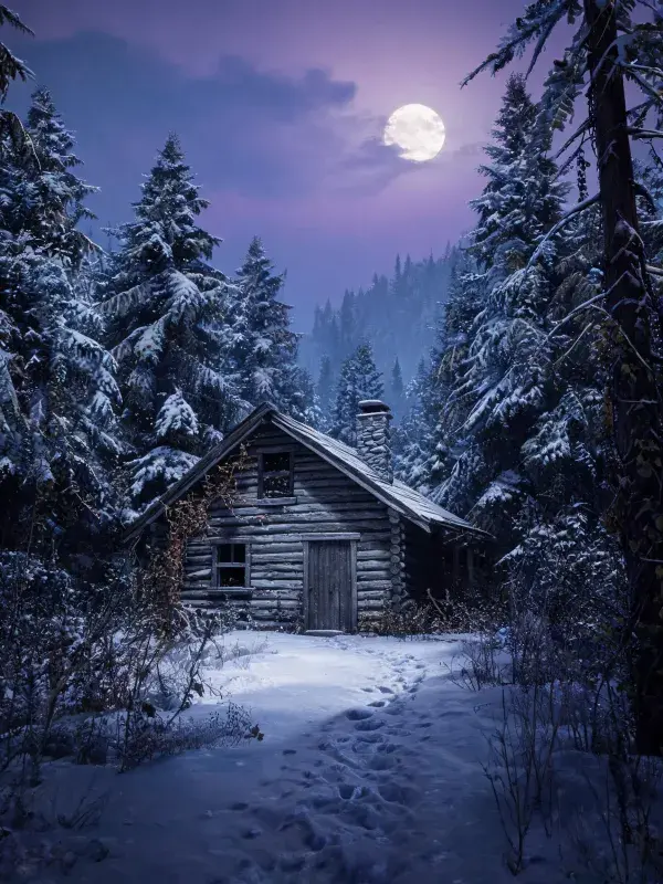 木质乡村木屋雪夜月光景象