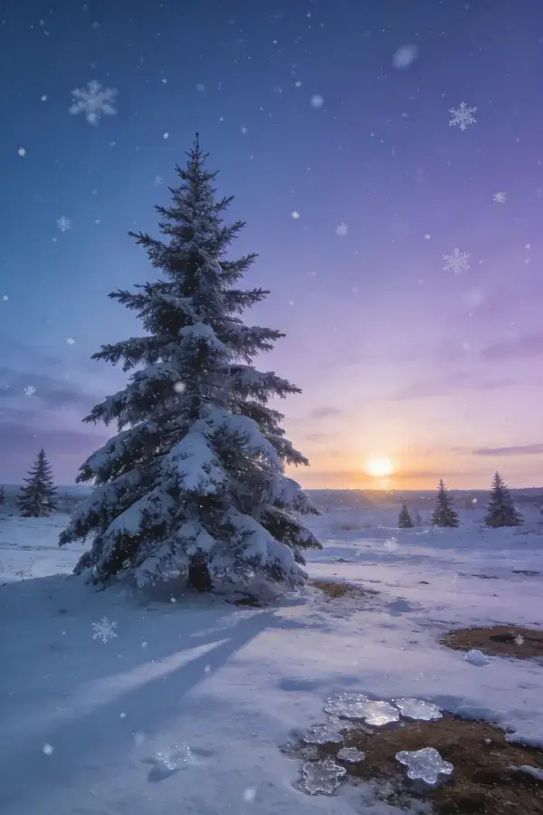 雪地中夕阳下的松树景观