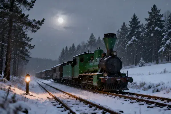雪夜森林里的绿色蒸汽机车行驶场景
