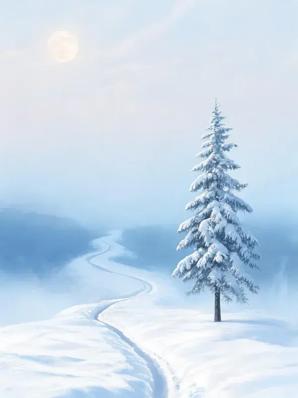 雪松与雪地山路场景景