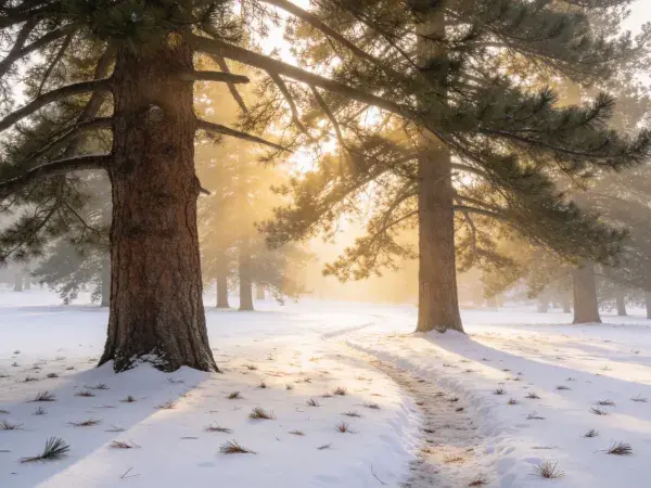 阳光穿透雪地松树林景象