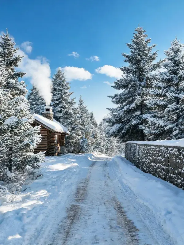 雪地森林中冒烟的原木小屋场景